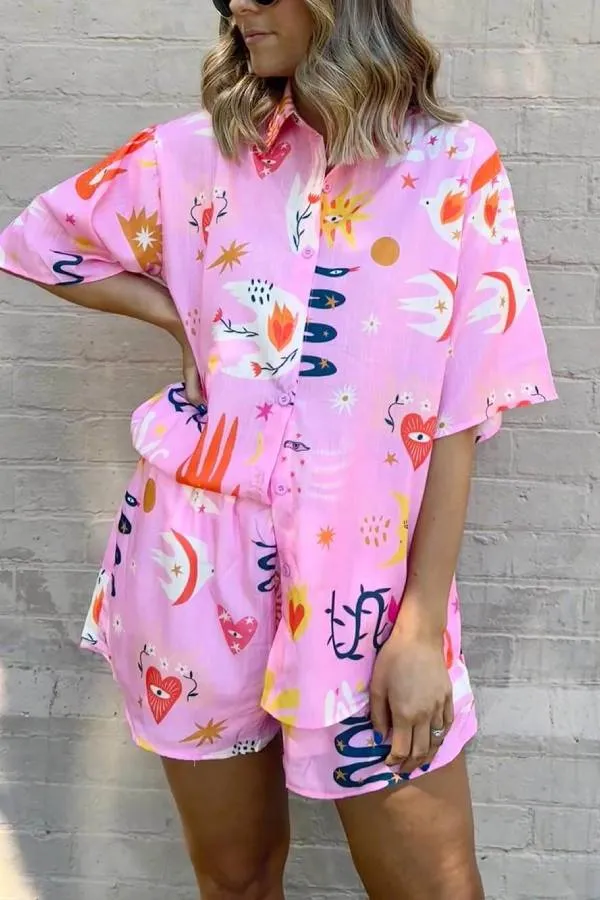 Casual Printed Shirt Lace-Up Elastic Shorts Set