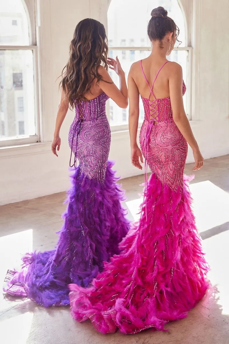 CD CC2308 - Intricately Beaded Mermaid Prom Gown with Sheer Boned Corset Bodice Lace Up Corset Back & Feather Detailed Skirt