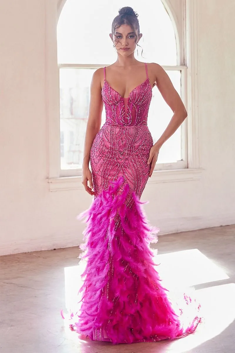 CD CC2308 - Intricately Beaded Mermaid Prom Gown with Sheer Boned Corset Bodice Lace Up Corset Back & Feather Detailed Skirt