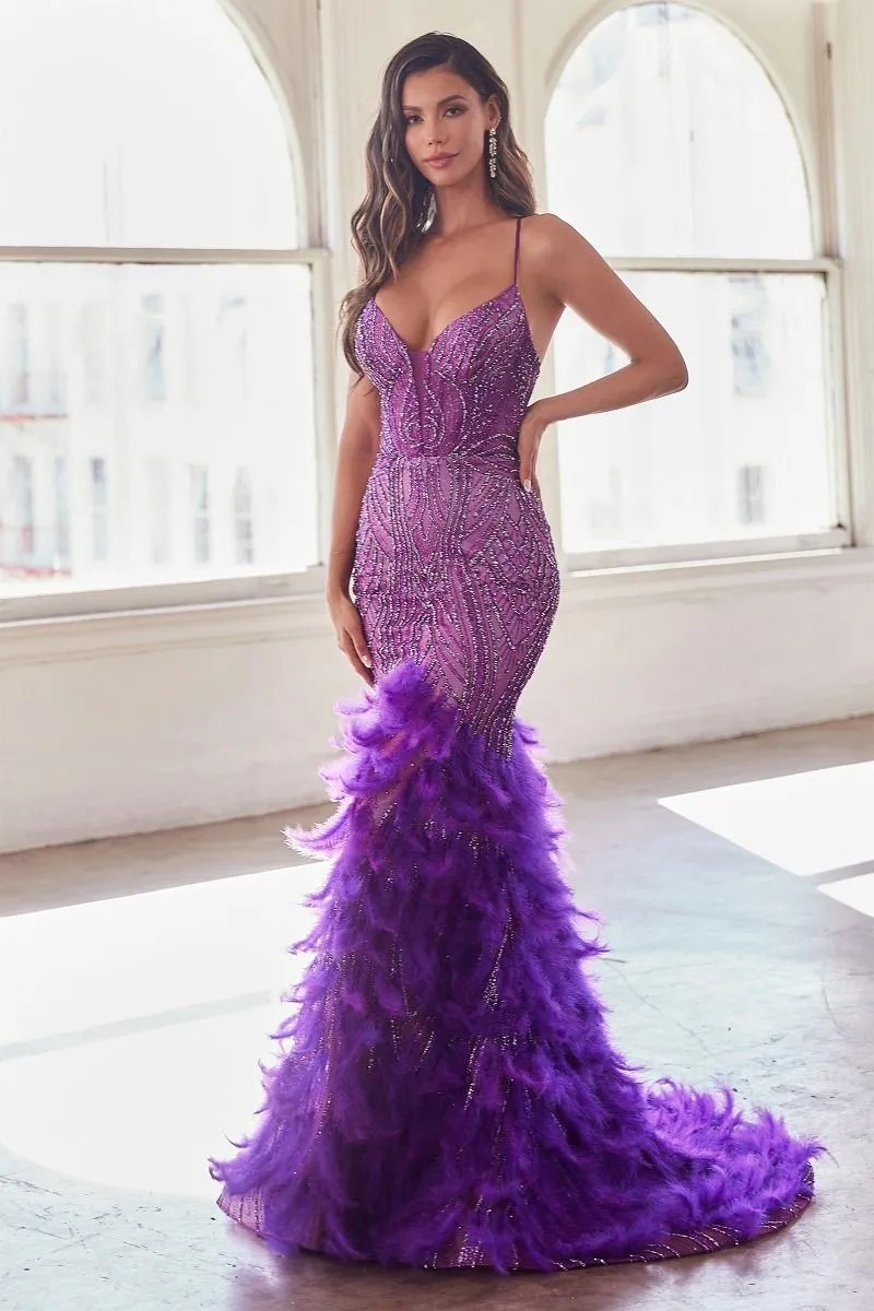 CD CC2308 - Intricately Beaded Mermaid Prom Gown with Sheer Boned Corset Bodice Lace Up Corset Back & Feather Detailed Skirt