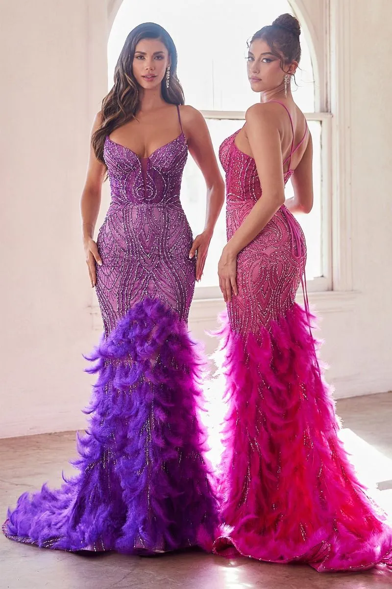 CD CC2308 - Intricately Beaded Mermaid Prom Gown with Sheer Boned Corset Bodice Lace Up Corset Back & Feather Detailed Skirt