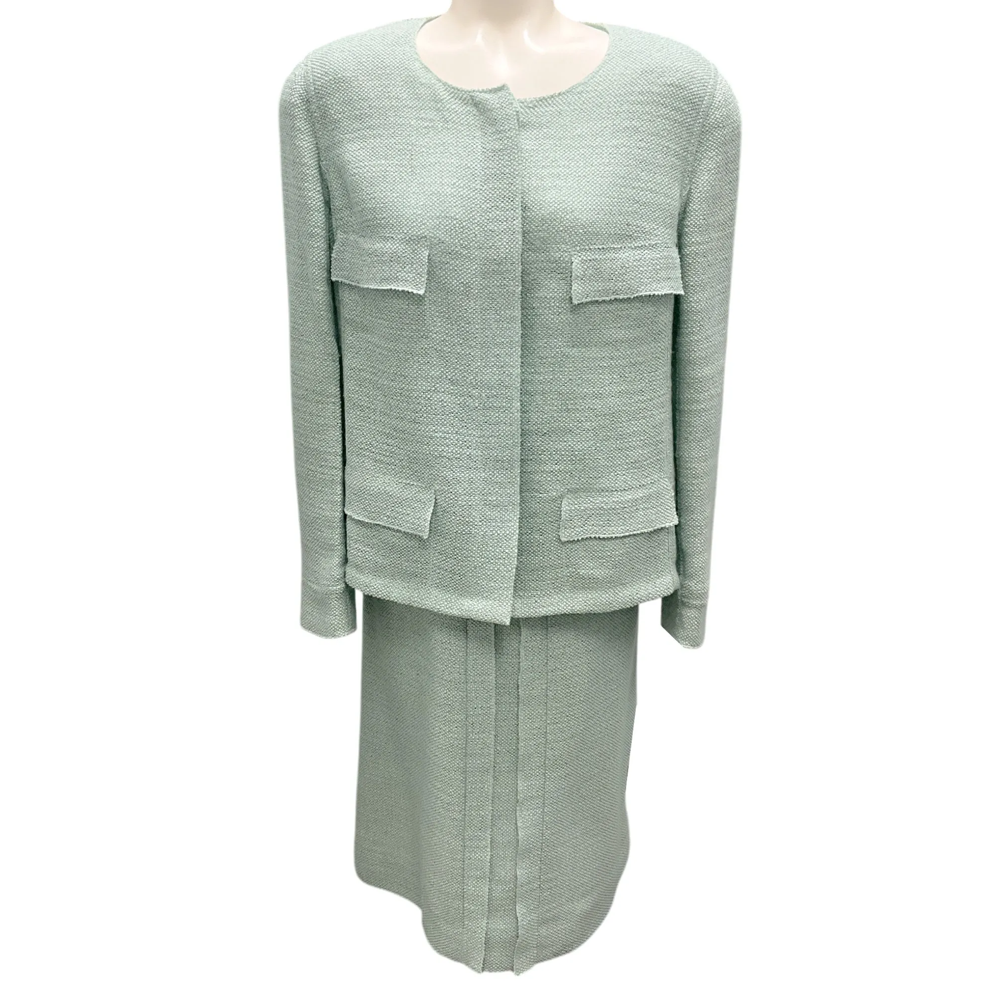 Chanel Vintage 1999 Mint Green Wool Tweed Jacket and Skirt Two-Piece Set