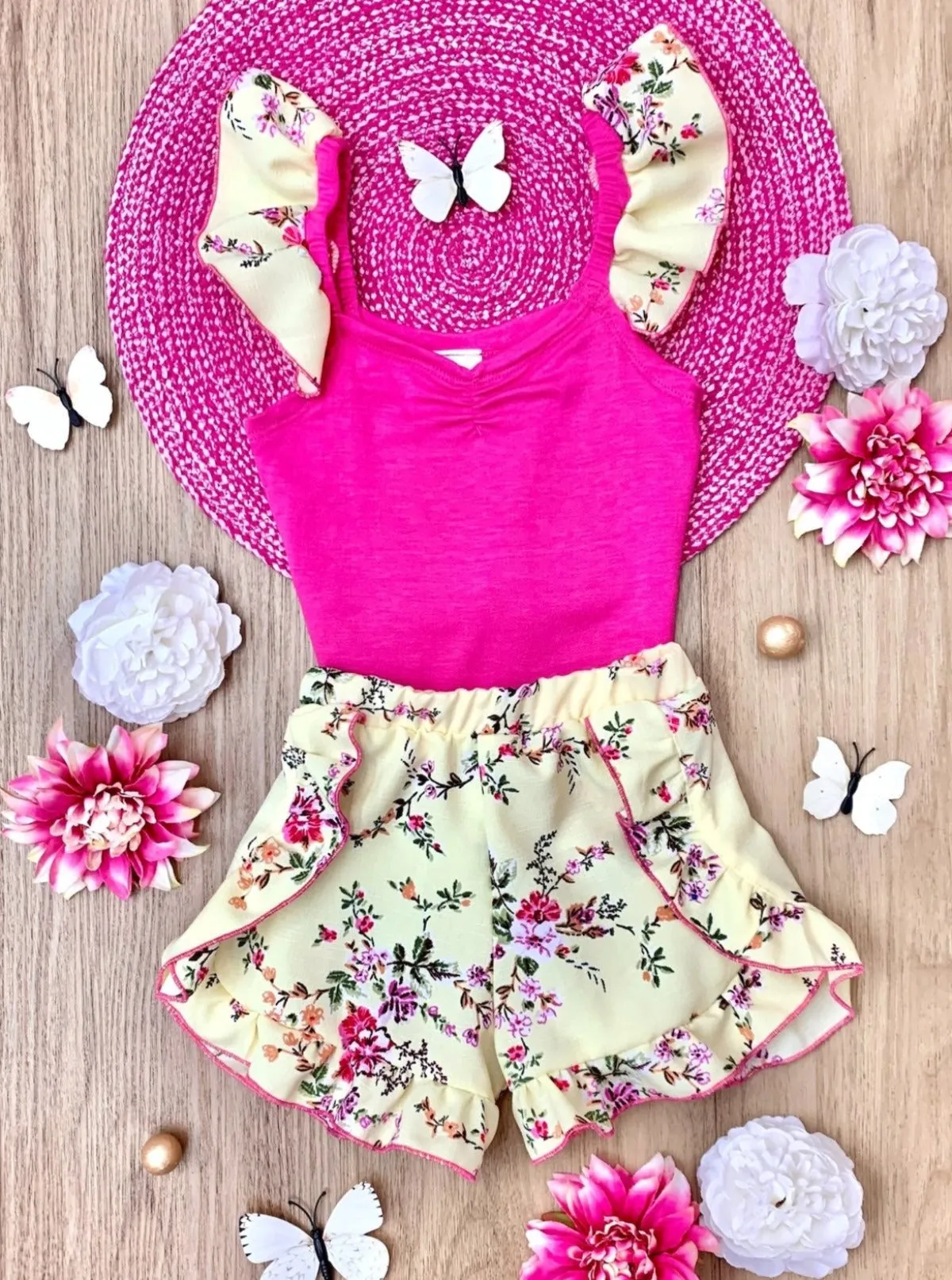 Chasing Butterflies Floral Top and Ruffle Short Set