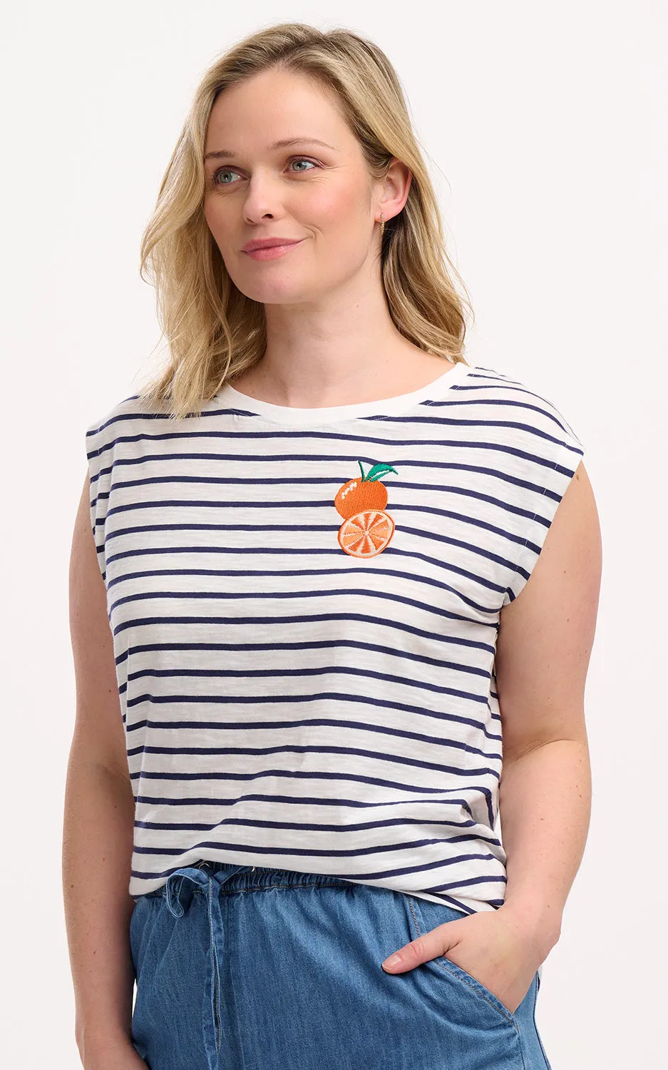Chrissy Relaxed Tank T-shirt Off-White Navy Fruity Orange