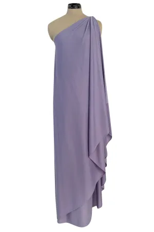 Classic 1978 Halston One Shoulder Draped Pastel Purple Jersey Full Length Maxi Dress
