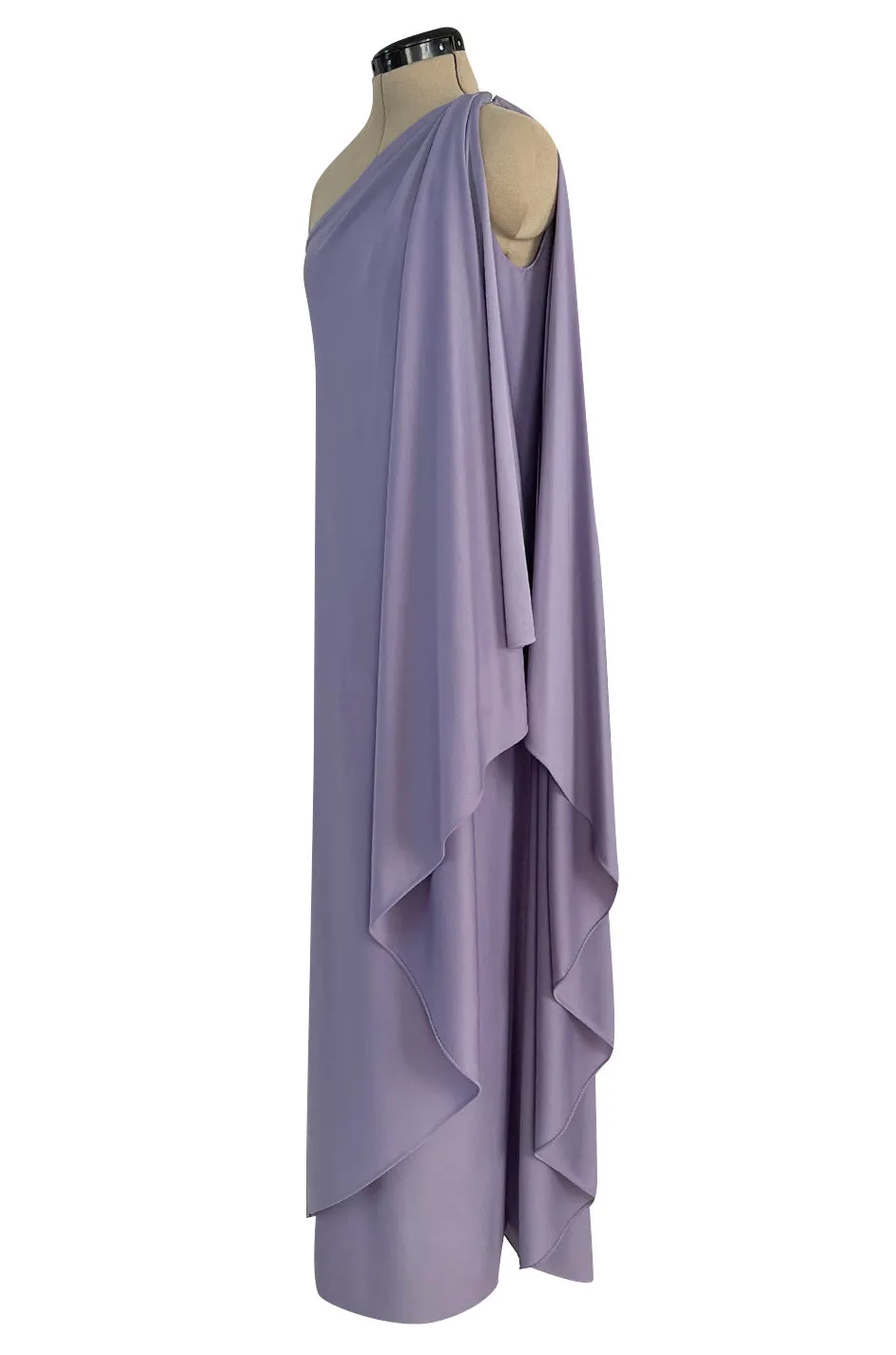 Classic 1978 Halston One Shoulder Draped Pastel Purple Jersey Full Length Maxi Dress