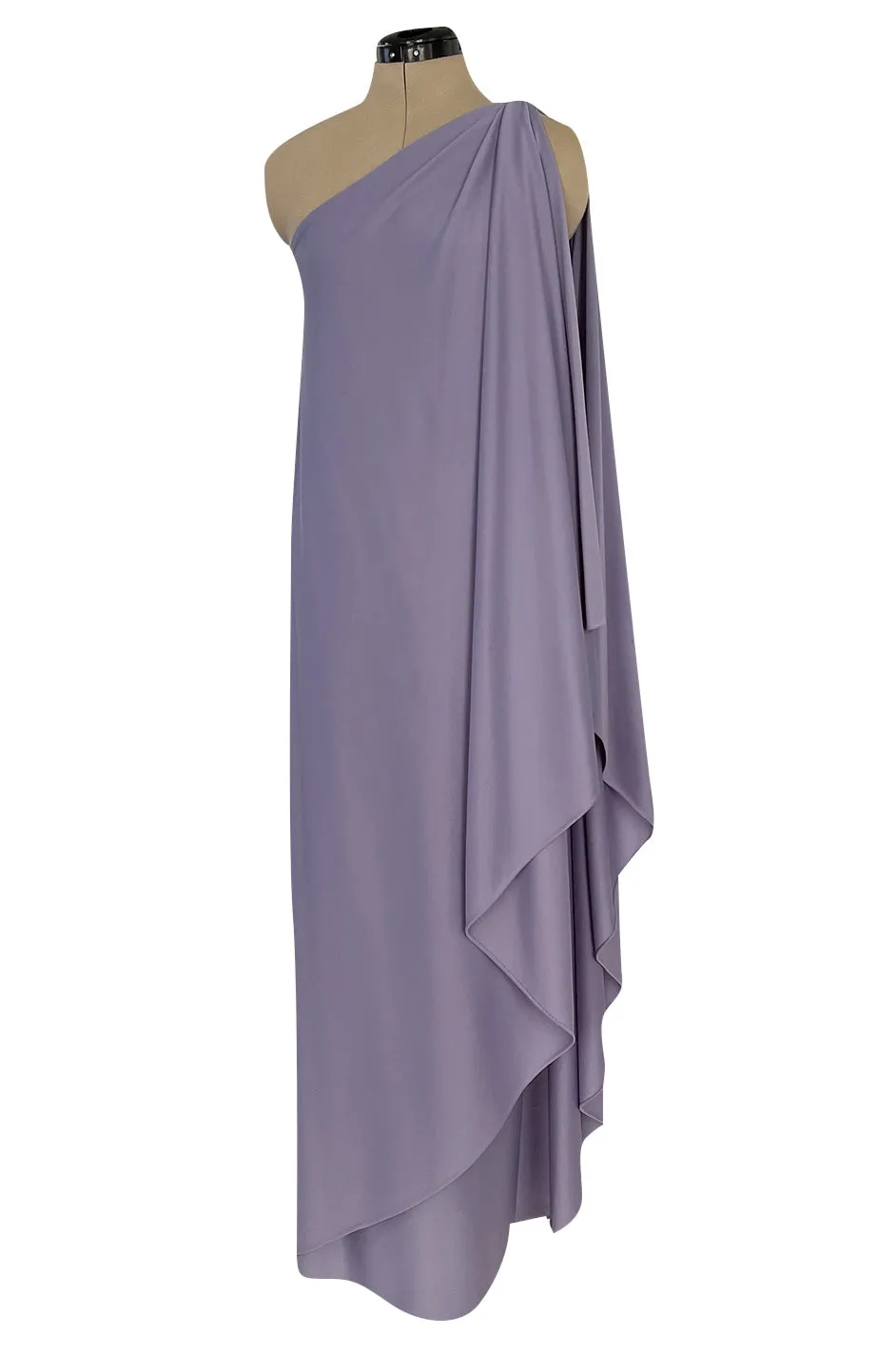 Classic 1978 Halston One Shoulder Draped Pastel Purple Jersey Full Length Maxi Dress