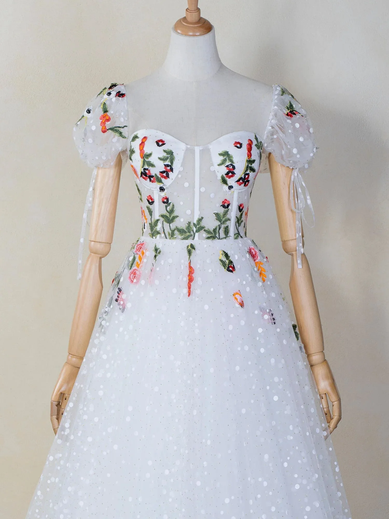Corset Embroidered Tulle Sweep Train Prom Dress