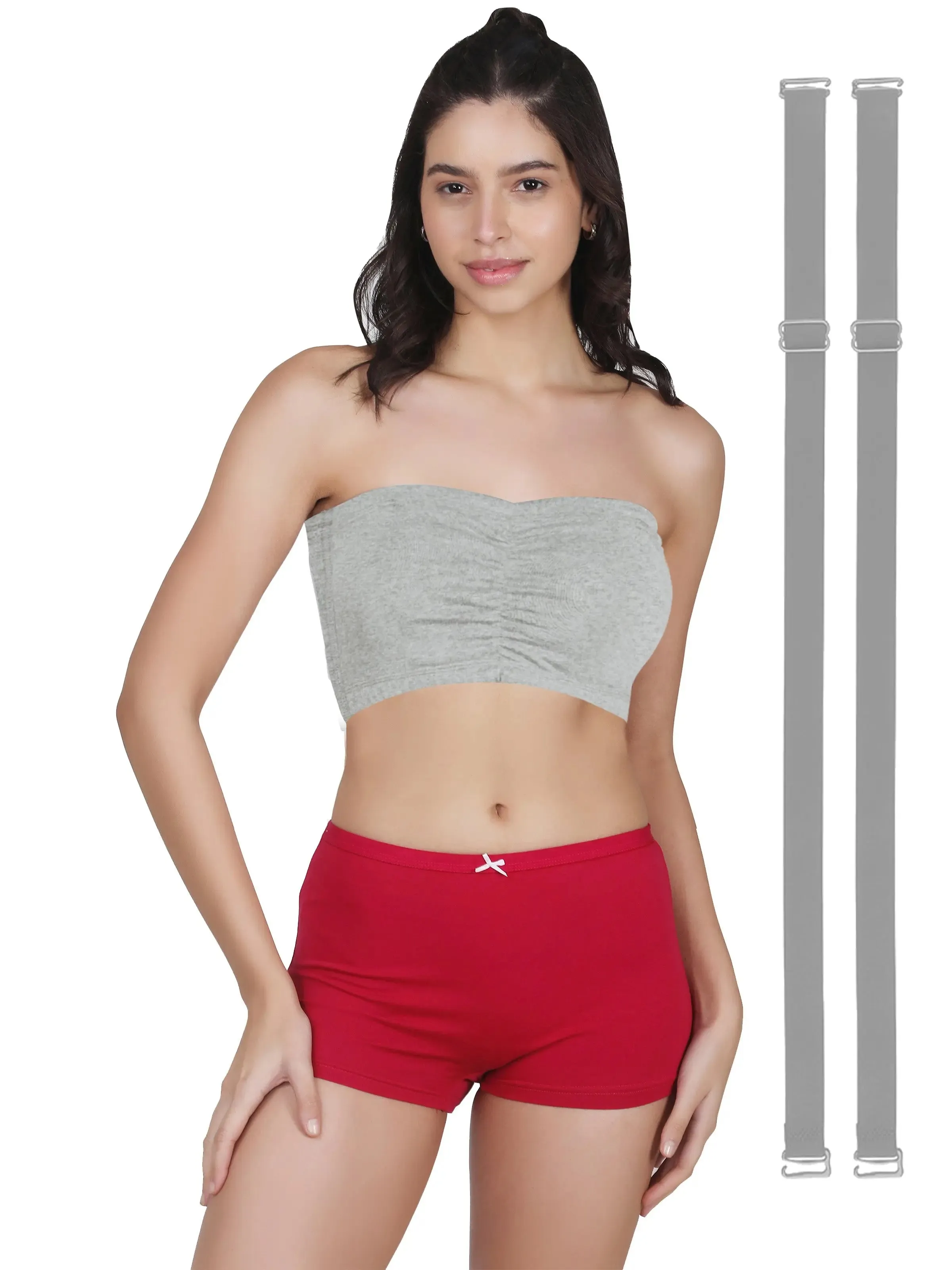 Cotton Strapless Tube Bra For Womens| Bandeau Bra With Removable Pads | Grey Tube Top With Straps Pack Of 2