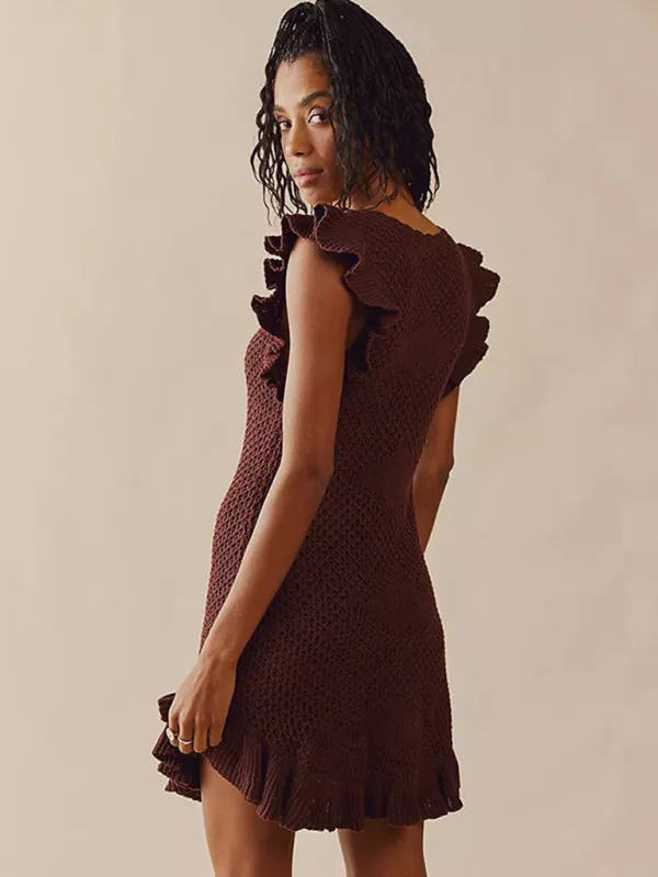 Crochet Mini Dress with Ruffle Sleeves and Hemline