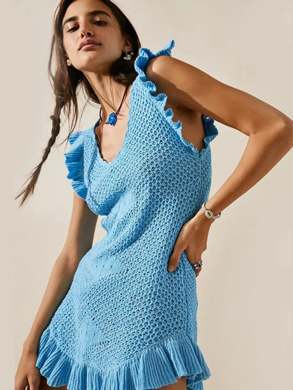 Crochet Mini Dress with Ruffle Sleeves and Hemline