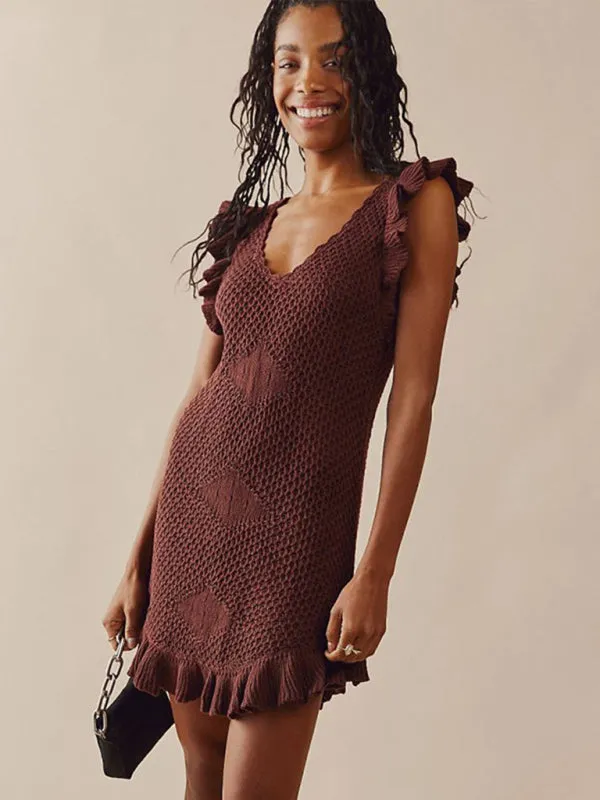 Crochet Mini Dress with Ruffle Sleeves and Hemline
