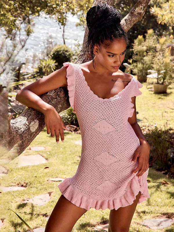 Crochet Mini Dress with Ruffle Sleeves and Hemline