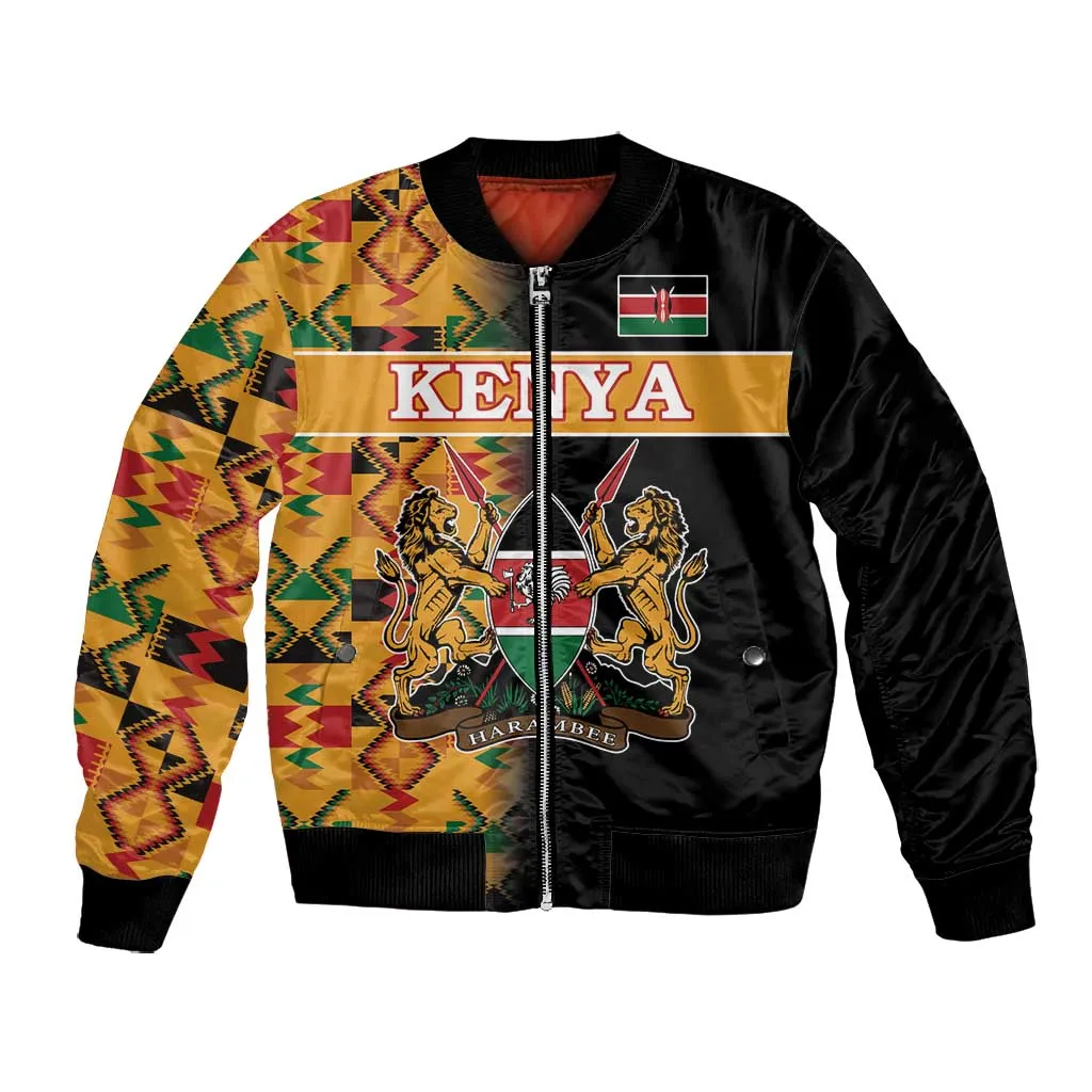 Custom Afro Kenya Coat Of Arms Bomber Jacket With Kente Patterns LT18