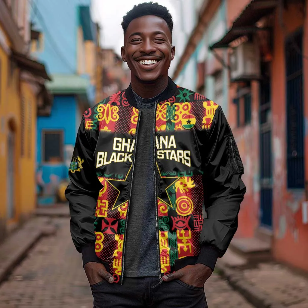 Custom Ghana Black Stars Sleeve Zip Bomber Jacket Adinkra Pattern - Football Style LT14