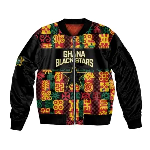 Custom Ghana Black Stars Sleeve Zip Bomber Jacket Adinkra Pattern - Football Style LT14