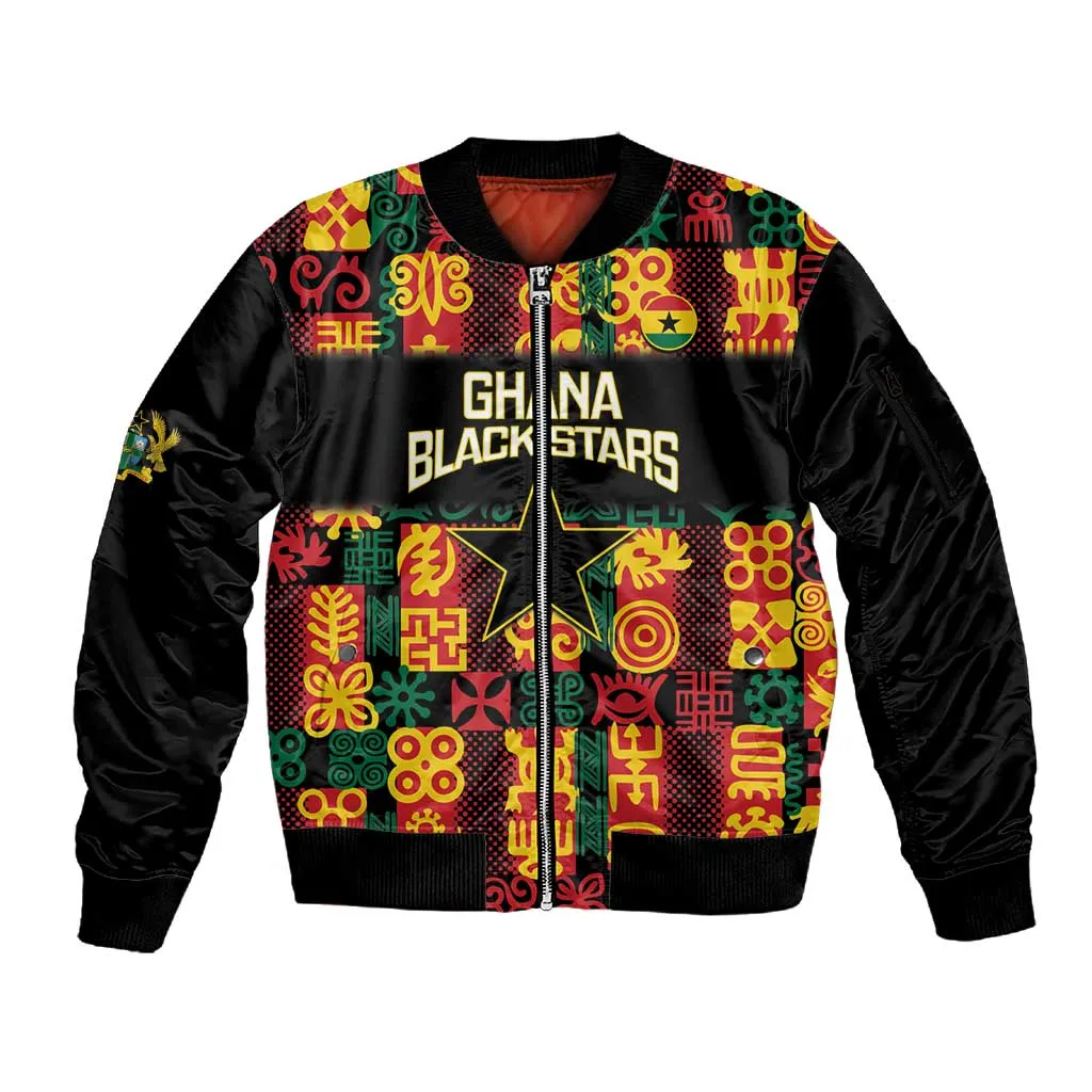 Custom Ghana Black Stars Sleeve Zip Bomber Jacket Adinkra Pattern - Football Style LT14