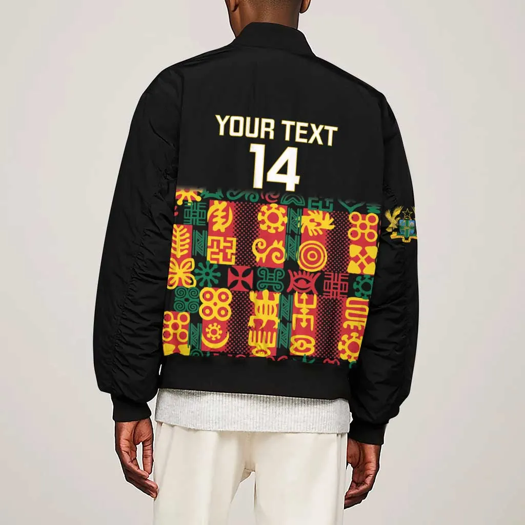 Custom Ghana Black Stars Sleeve Zip Bomber Jacket Adinkra Pattern - Football Style LT14