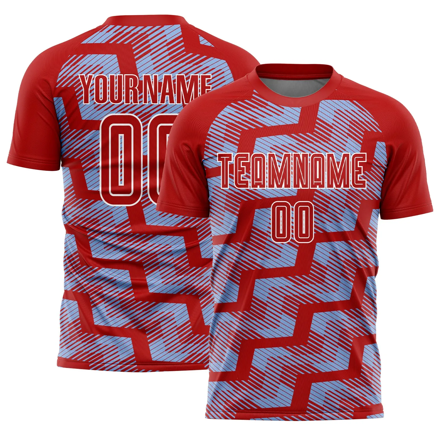 Custom Red Light Blue-White Line Sublimation Soccer Uniform Jersey