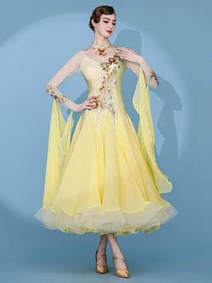 Custom size yellow competition ballroom dance dresses for women girls kids gemstones senior waltz tango foxtrot smooth dance gown