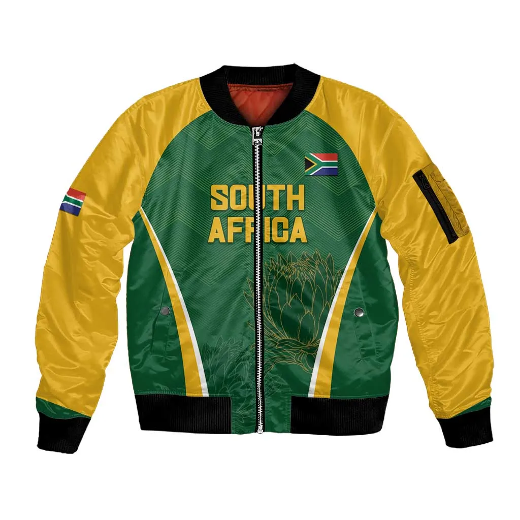 Custom South Africa Cricket Sleeve Zip Bomber Jacket Go Champions Protea Pattern LT05