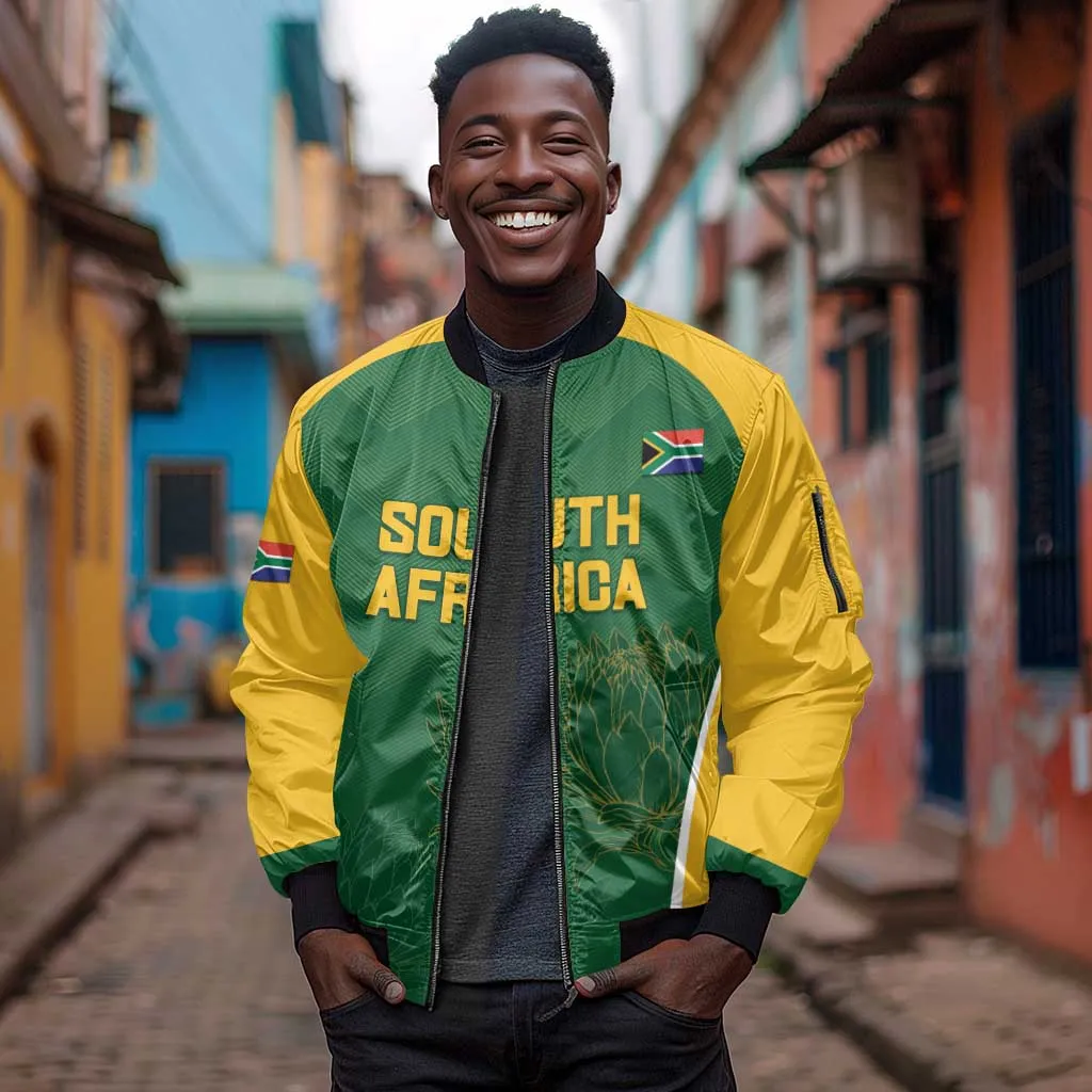 Custom South Africa Cricket Sleeve Zip Bomber Jacket Go Champions Protea Pattern LT05
