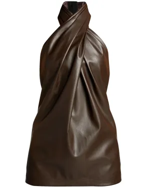 Dark Brown Vegan Leather Cross-Front Halter Top