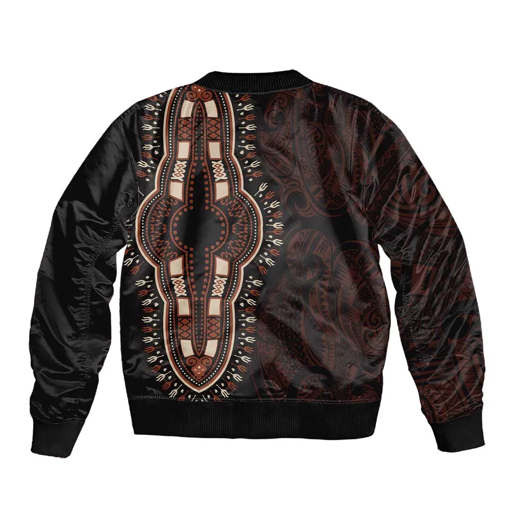 Dashiki and Polynesian Pattern Sleeve Zip Bomber Jacket Afro Pacific Culture Red Version LT9