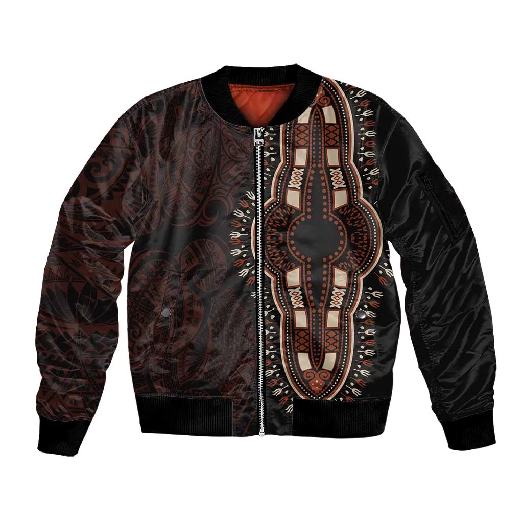 Dashiki and Polynesian Pattern Sleeve Zip Bomber Jacket Afro Pacific Culture Red Version LT9