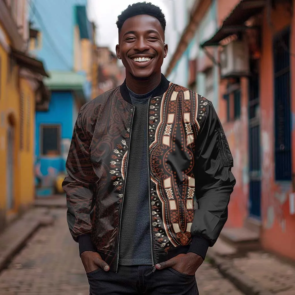 Dashiki and Polynesian Pattern Sleeve Zip Bomber Jacket Afro Pacific Culture Red Version LT9