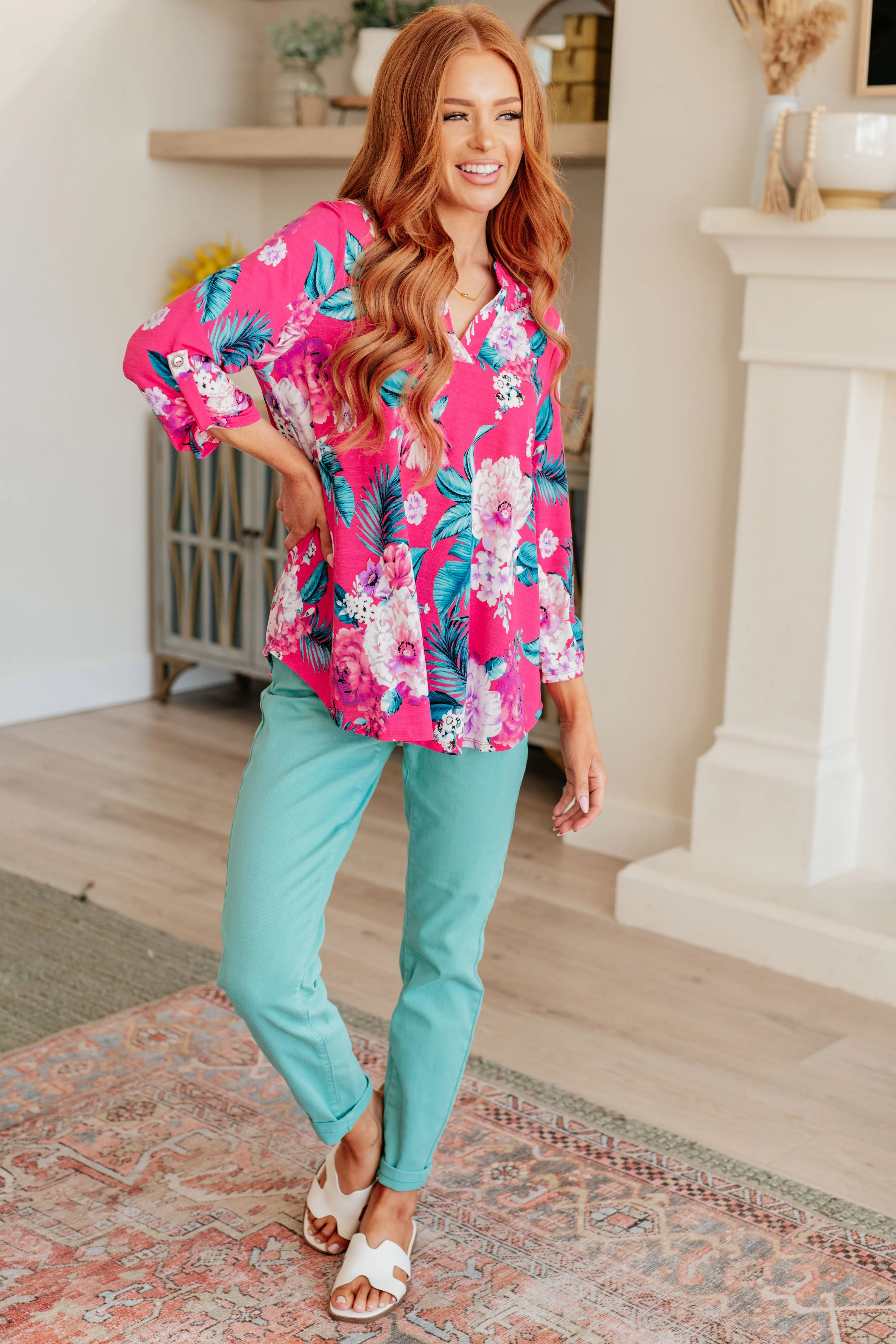 Dear Scarlett Magenta and Teal Tropical Floral Lizzy Top