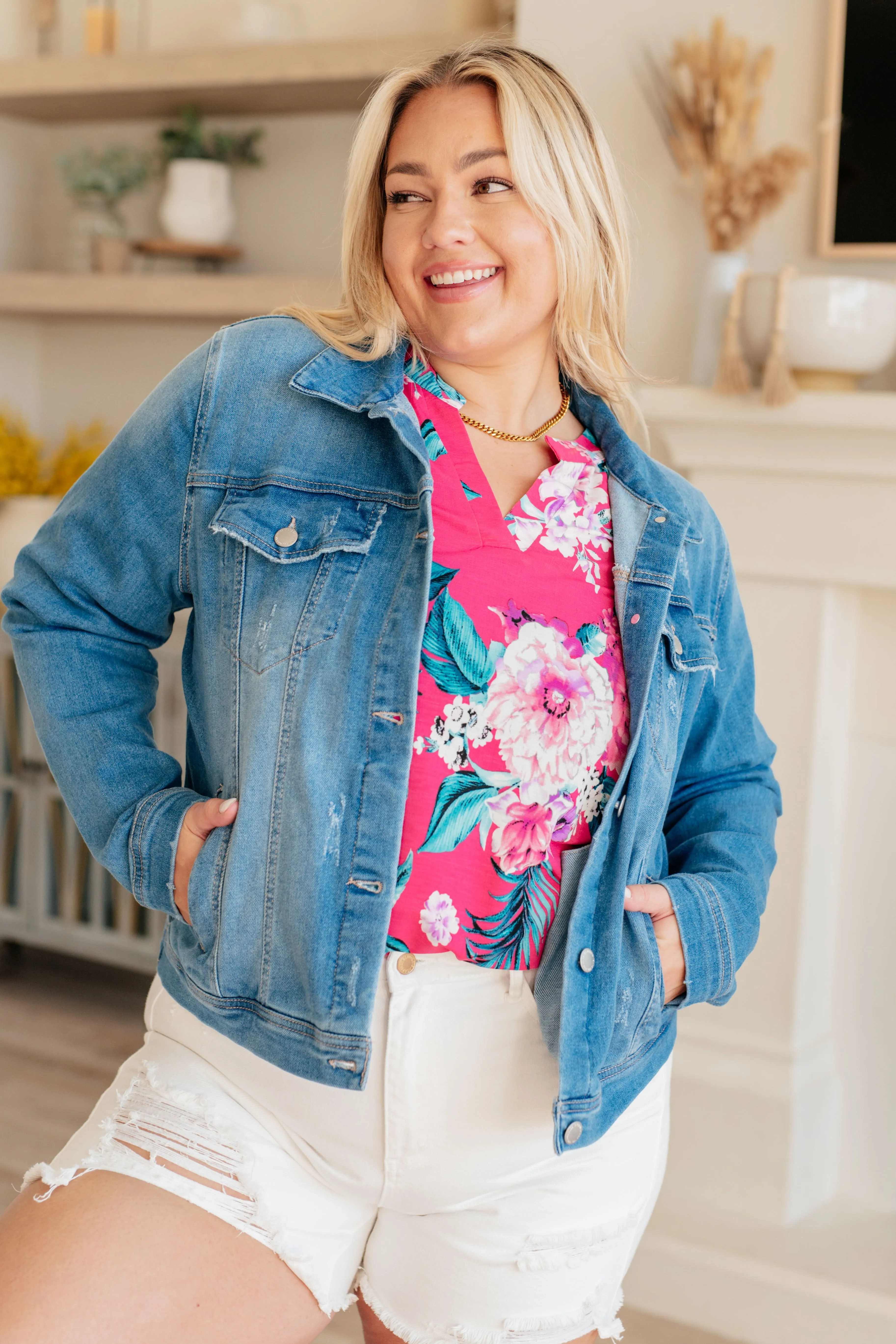 Dear Scarlett Magenta and Teal Tropical Floral Lizzy Top