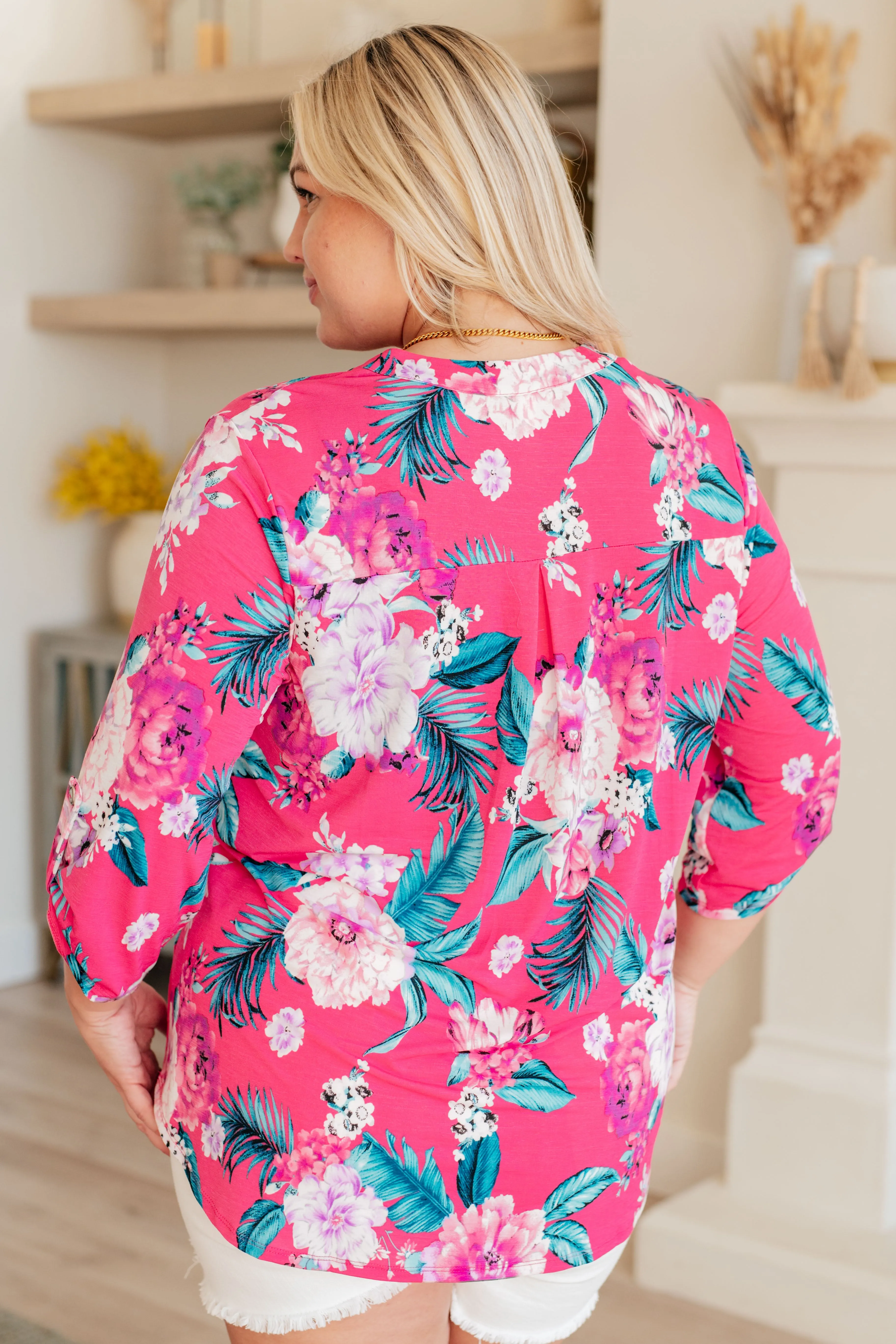 Dear Scarlett Magenta and Teal Tropical Floral Lizzy Top
