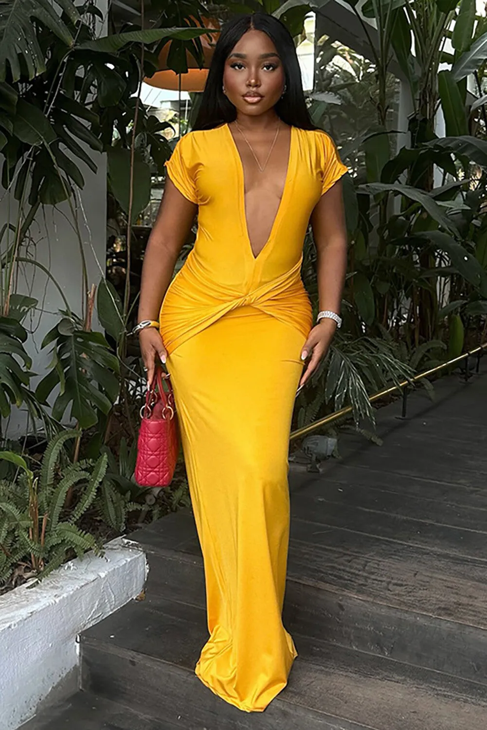 Deep V Neck Short Sleeve Twisted Ruched Fitted Plain Maxi Dresses-Yellow