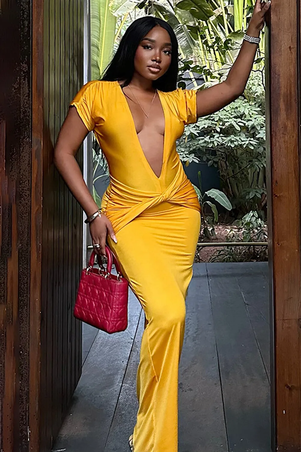 Deep V Neck Short Sleeve Twisted Ruched Fitted Plain Maxi Dresses-Yellow