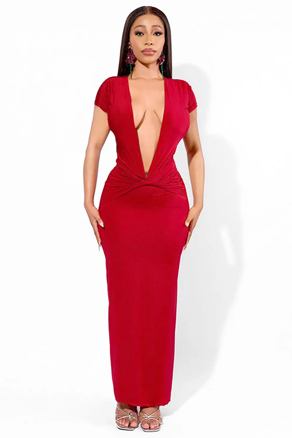 Deep V Neck Short Sleeve Twisted Ruched Fitted Plain Maxi Dresses-Yellow