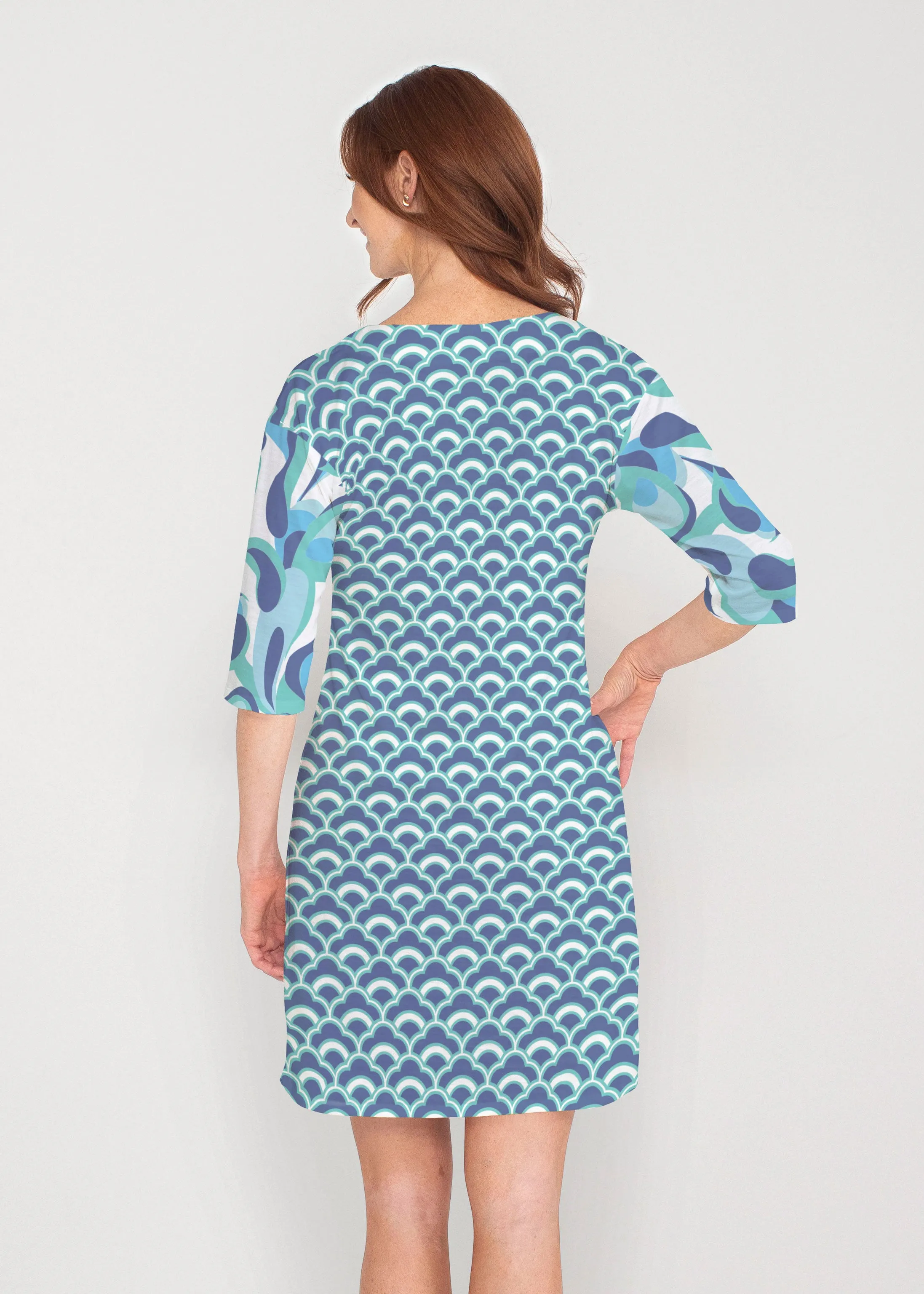 Disco Blue (8067) ~ Drop Shoulder 3/4 Sleeve V-Neck Dress