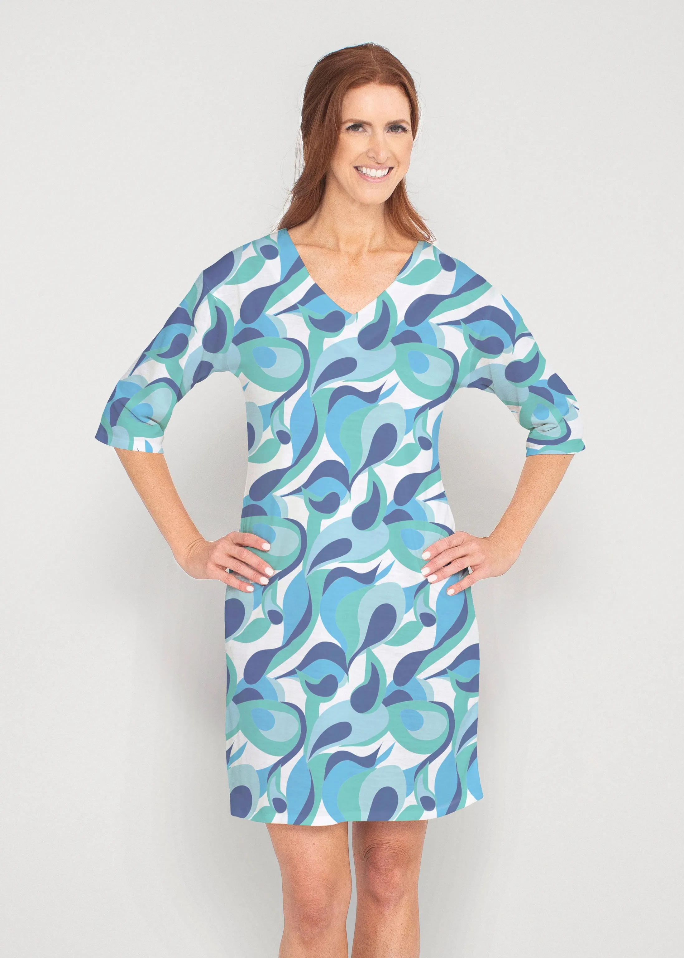 Disco Blue (8067) ~ Drop Shoulder 3/4 Sleeve V-Neck Dress
