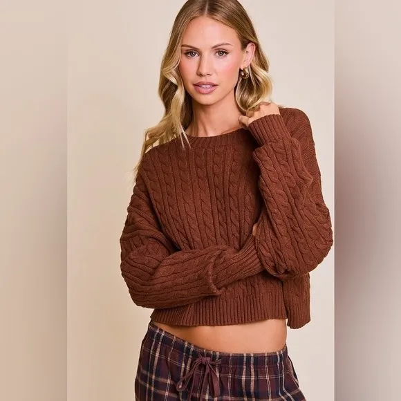 Dolman  Sleeve Cable Knit Cropped Sweater with Pocket - Le Lis