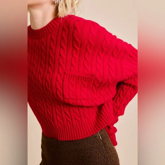 Dolman  Sleeve Cable Knit Cropped Sweater with Pocket - Le Lis