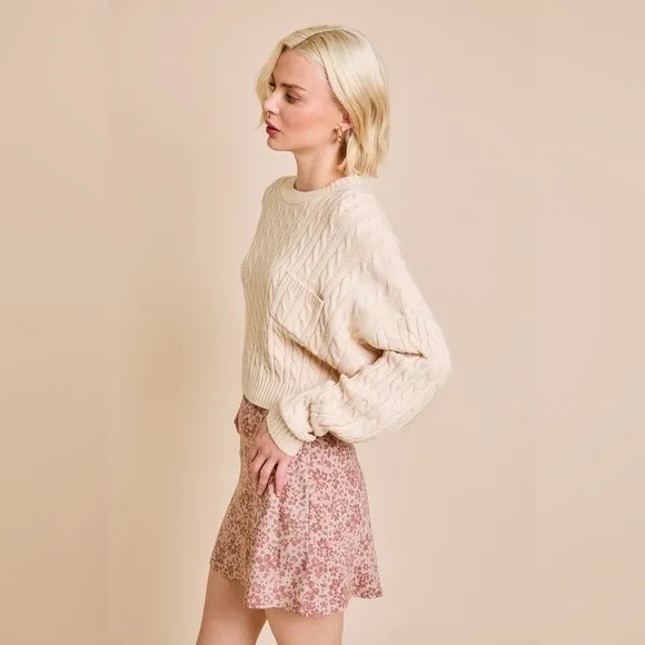 Dolman  Sleeve Cable Knit Cropped Sweater with Pocket - Le Lis