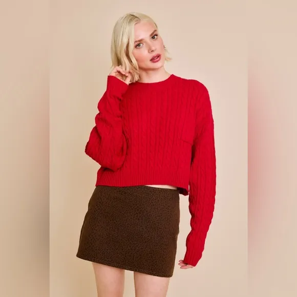 Dolman  Sleeve Cable Knit Cropped Sweater with Pocket - Le Lis
