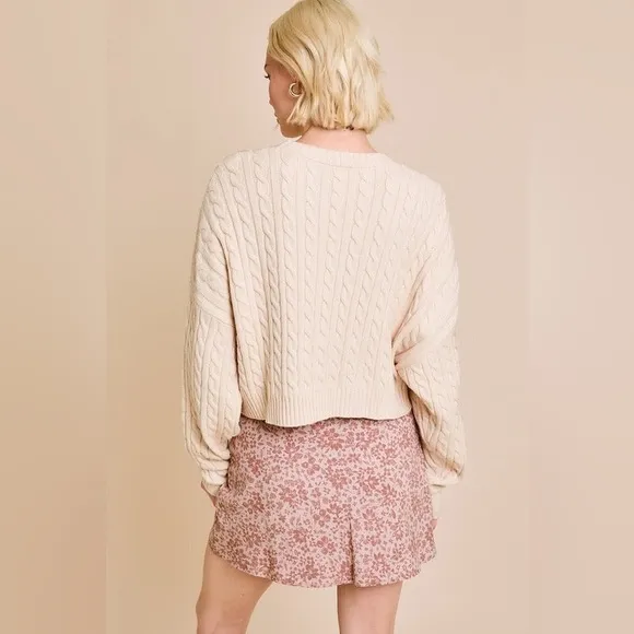 Dolman  Sleeve Cable Knit Cropped Sweater with Pocket - Le Lis