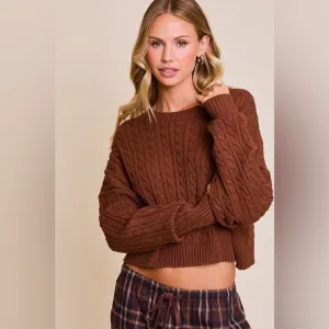 Dolman  Sleeve Cable Knit Cropped Sweater with Pocket - Le Lis