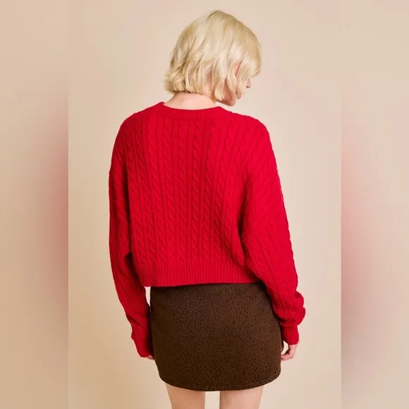 Dolman  Sleeve Cable Knit Cropped Sweater with Pocket - Le Lis
