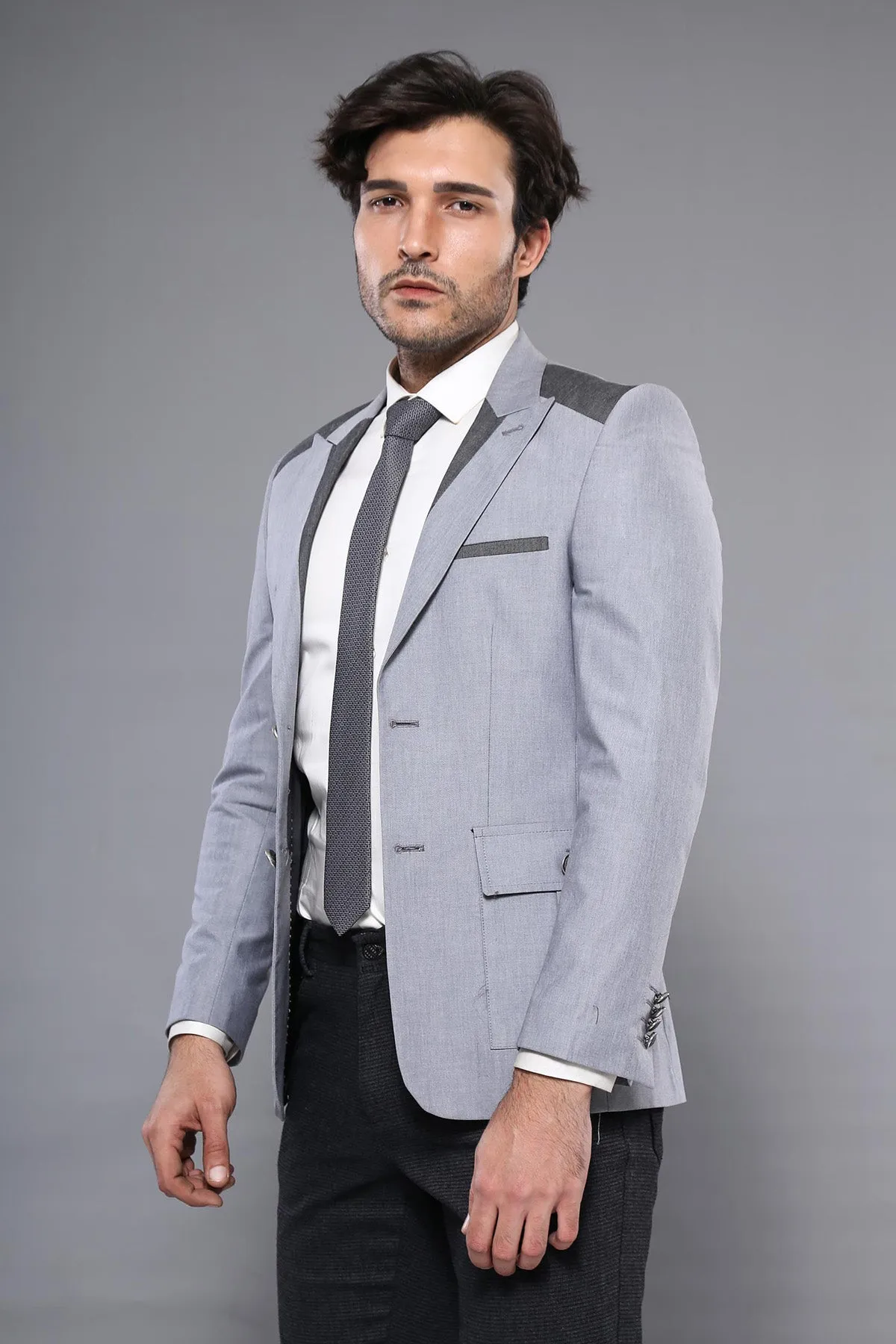 Double Button Bag Pocket Pointed Collar Light Grey Jacket-Wessi