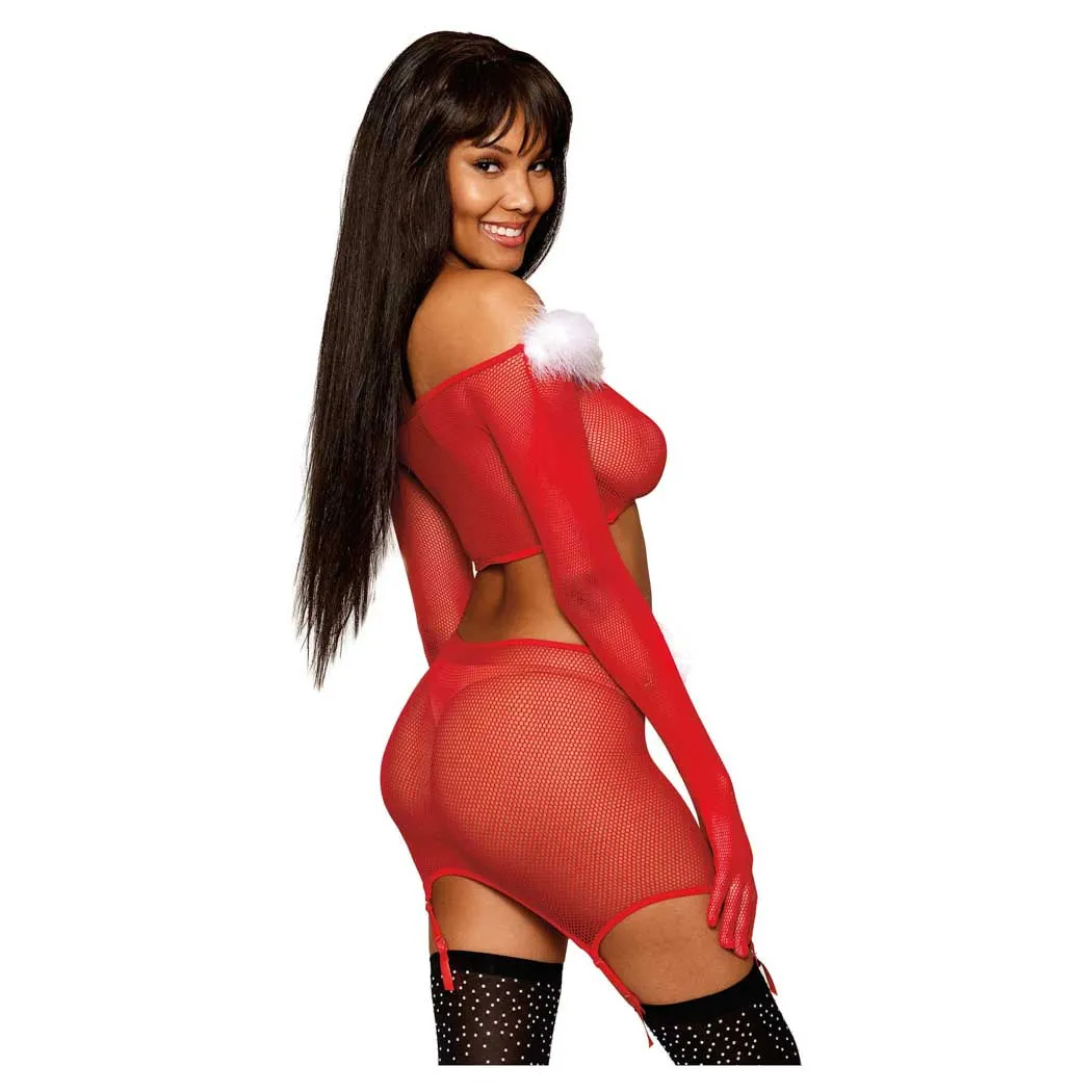 Dreamgirl Seamless Fishnet and Feather Trim Santa Two-piece Garter Set