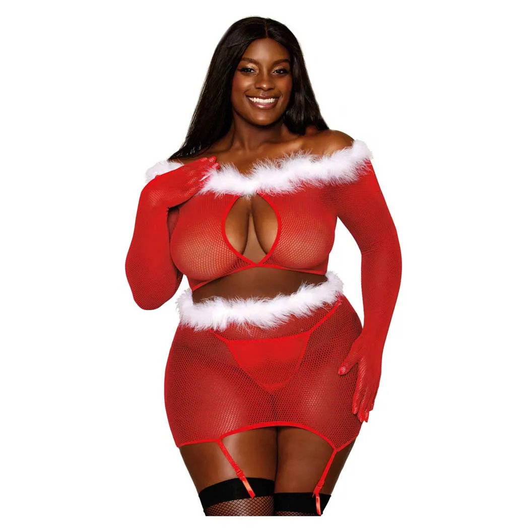 Dreamgirl Seamless Fishnet and Feather Trim Santa Two-piece Garter Set