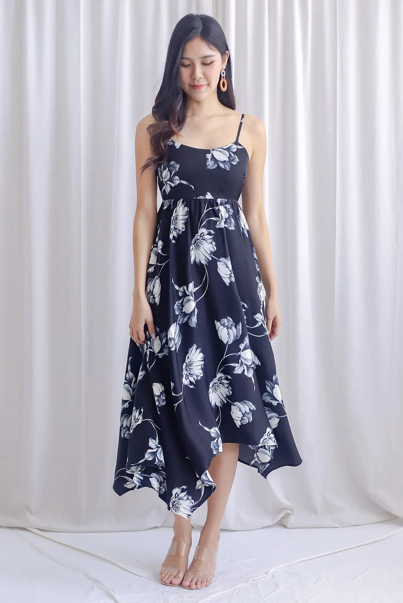 Edeline Padded Spag Tie Back Asym Dress In Black