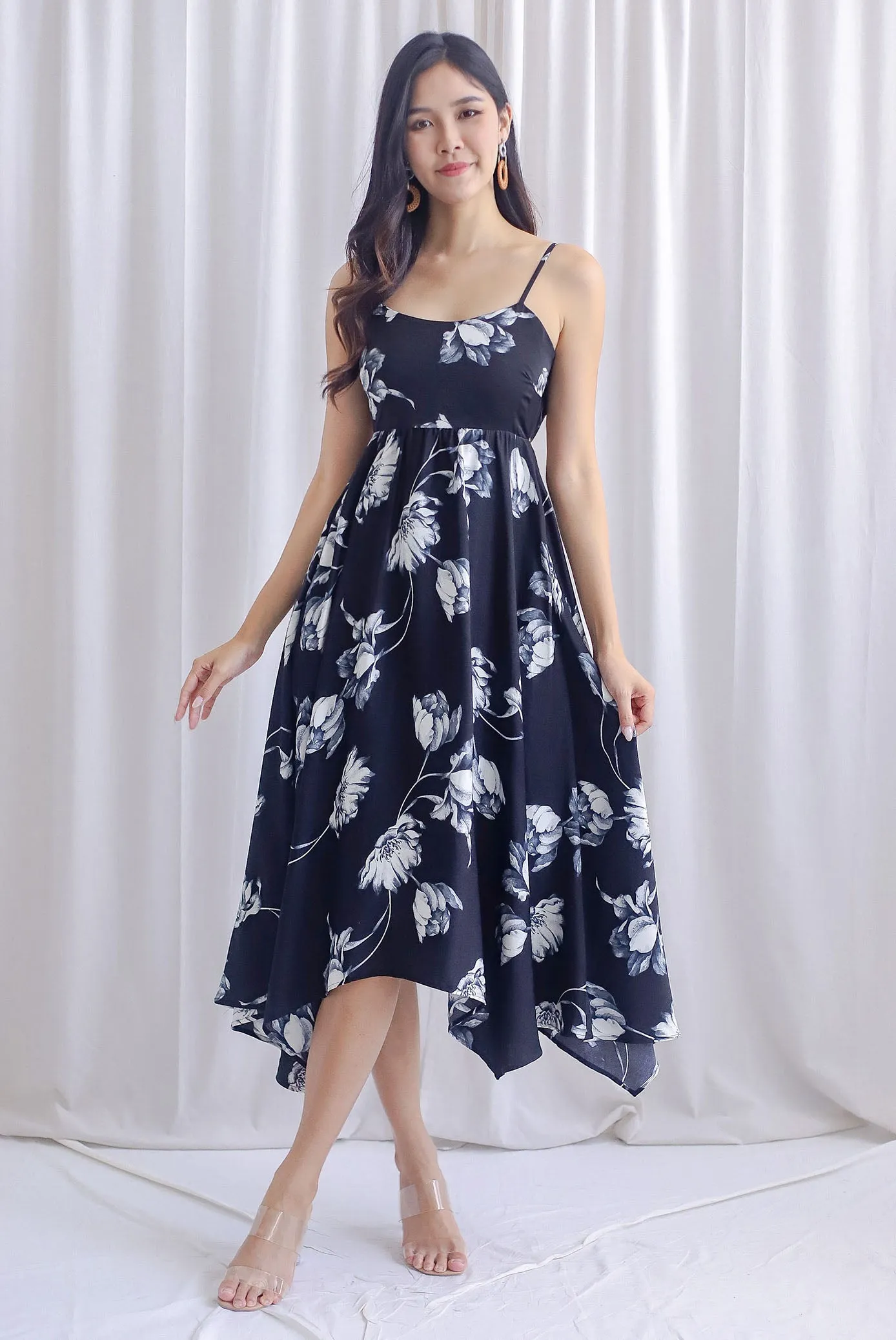 Edeline Padded Spag Tie Back Asym Dress In Black